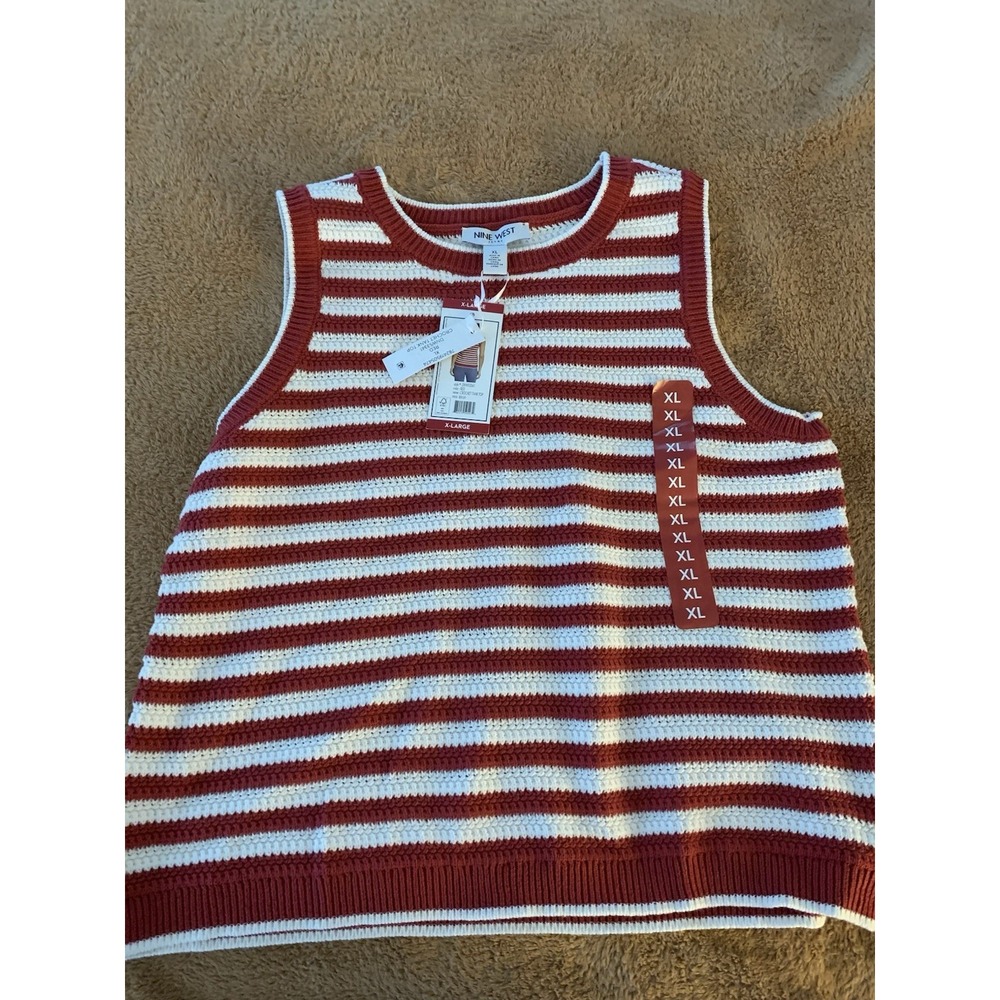 Nine West Women's Regular Fit Size XL Crochet Tank Top Red White Stripe NWT